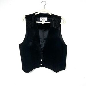 VINTAGE Fringe Tassel Leather Vest Black Suede Western Southwestern 90s M
